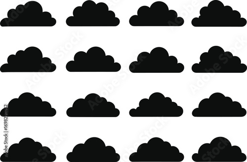 Cloud silhouette icon set, black weather cloud vector, simple sky design, forecast symbols collection, minimal cloud illustration, graphic elements