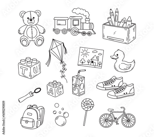 A doodle collection of things from a kid's life, in black and white outlines
