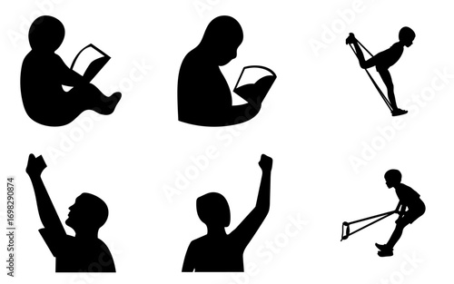 Serene silhouette of a boy reading at sunset with glowing orange sky and distant figure stretching in peaceful evening solitude