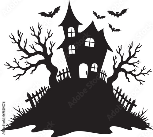 Spooky haunted house with bats gravestones and bare trees