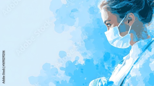 Vector-style illustration of a nurse wearing protective mask and gloves, side profile, medical art concept, soft blue abstract background