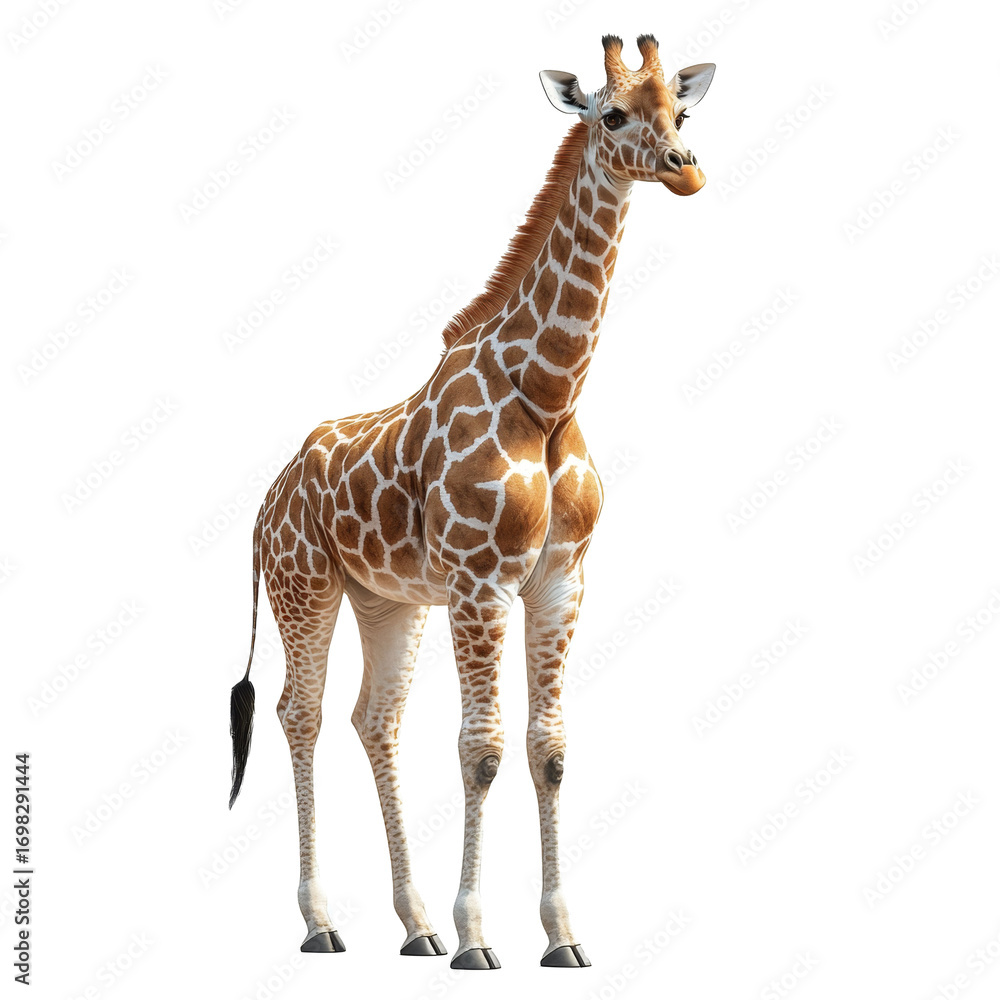 Fototapeta premium Adult giraffe full body looking sideways, isolate on transparent white background