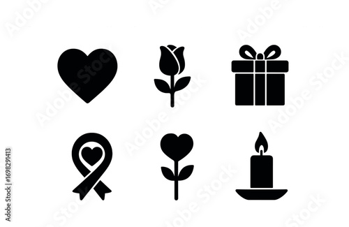 Love and celebration icons: heart, rose, gift, ribbon, candle