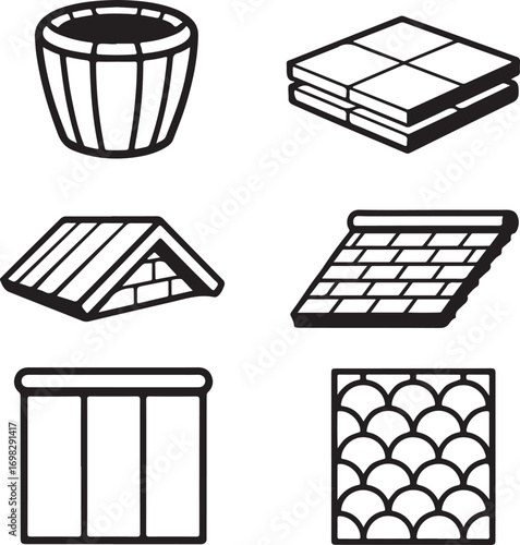Collection of building material icons including a barrel planter roof tiles and siding isolated on white background