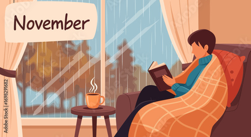A person enjoys a quiet, cozy afternoon at home, reading a book while wrapped in a blanket by a rainy window