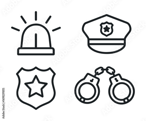 Set of police icons: siren, cap, badge, handcuffs in black and white line art