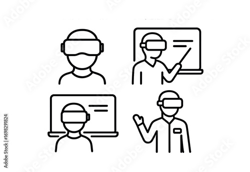 Minimalist vr education icons with diverse human figures and virtual reality headsets
