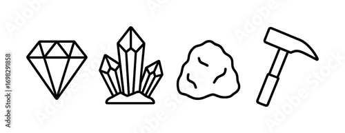 Gemstone and mining icon set: diamond, crystals, rock, pickaxe