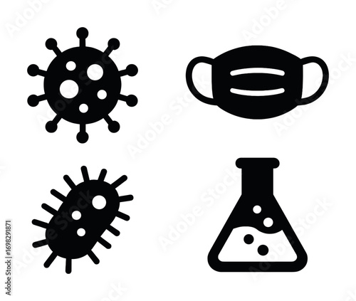 Virus mask laboratory symbols: microbe, protection, science icons