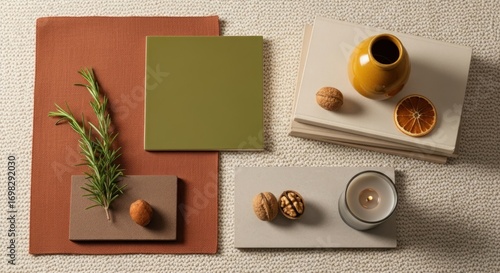 Wallpaper Mural A selection of warm tones, featuring a muted mustard vase, dried citrus slice, walnuts, and rosemary, presented on textured surfaces of various shades. Torontodigital.ca