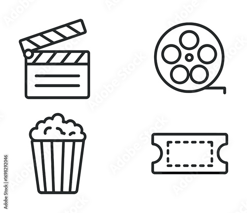 Cinema icons: clapperboard, film reel, popcorn, and movie ticket in outline style