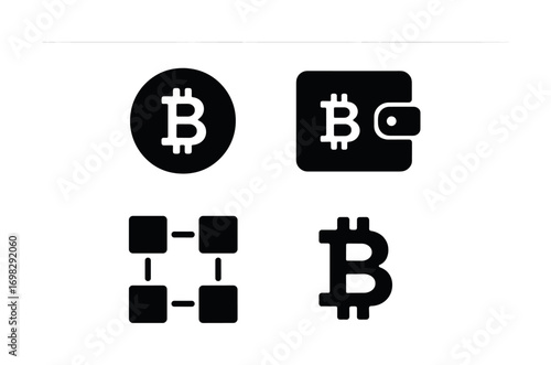Bitcoin cryptocurrency icons: wallet, blockchain, digital currency symbols