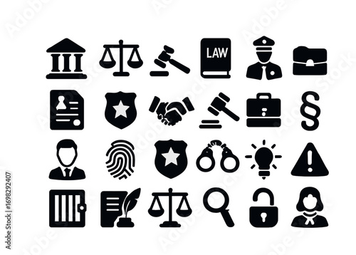 Law and justice icons: scale, gavel, badge, fingerprint, handcuffs, magnifying glass