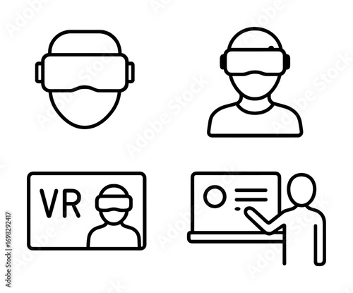 Virtual reality line icons: vr headset, user interaction, presentation