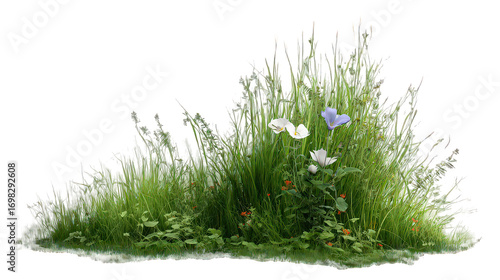 Lush Green Wildflower Patch with White and Blue Blooms