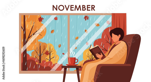 Cozy November Scene Reading by the Rainy Window with Warm Drink