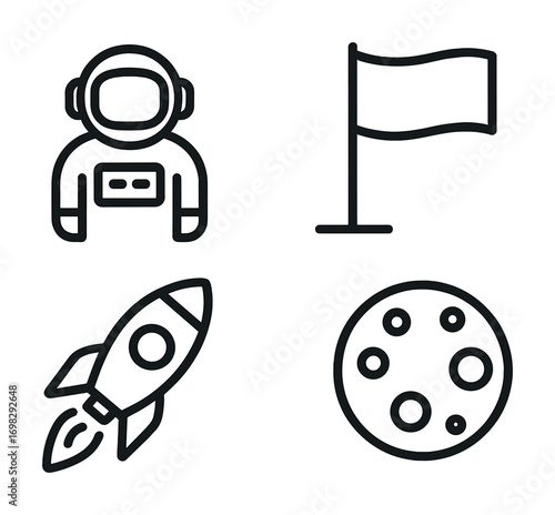 Space icons: astronaut, flag, rocket, and moon - simplistic design