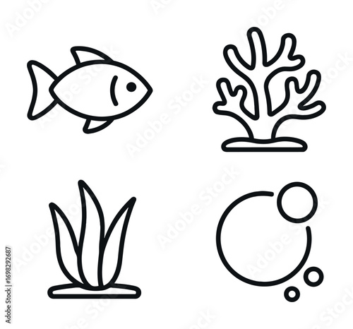 Black and white ocean icons: fish, coral, seaweed, bubbles in minimalist line art
