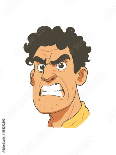 Angry Cartoon Character with Curly Hair and Intense Expression
