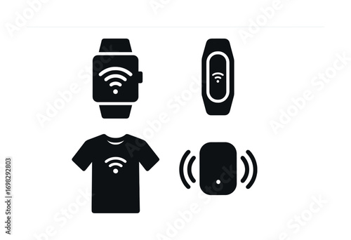 Smart wearable technology: watch, bracelet, shirt, sensor icons