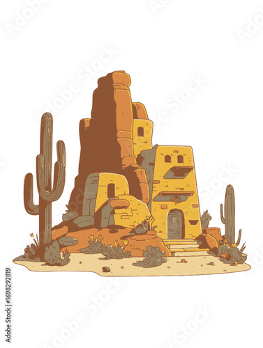 Desert Landscape with Ancient Ruins and Cacti Illustration