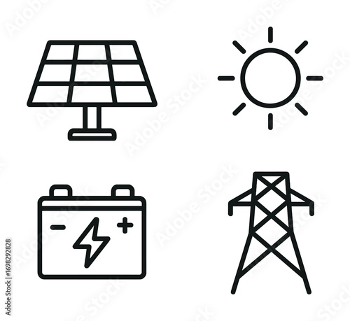 Solar panel, sun, battery, and transmission tower icons for renewable energy concept