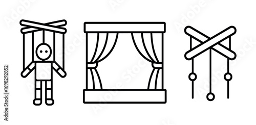Black and white puppet theater icons illustrating stage and strings