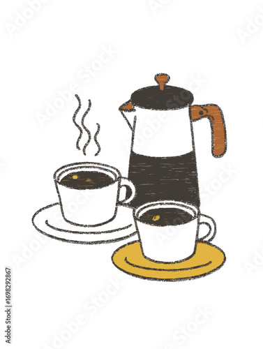 Cozy Coffee Scene with Pot and Two Cups on White Background