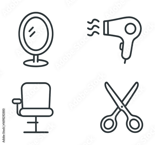 Minimalist barber tools icon set: mirror, hairdryer, chair, scissors