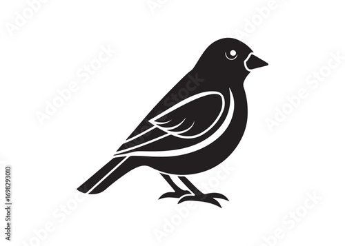 Canary bird black silhouette, perched songbird vector art isolated on white.