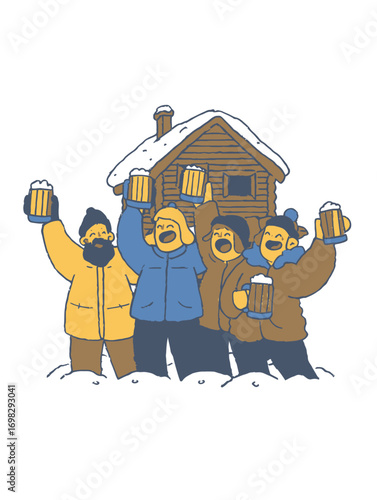 Happy Friends Celebrating Outside Cabin with Beer in Snowy Winter Scene