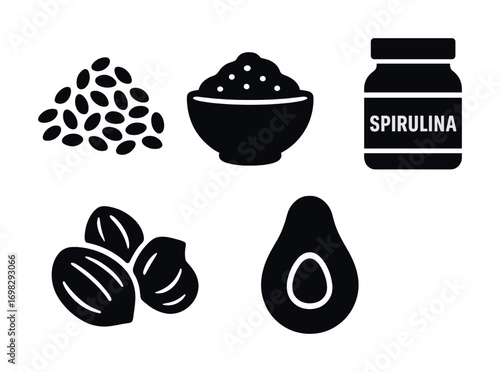 Superfood icons: chia seeds, spirulina, nuts, avocado bowl silhouettes
