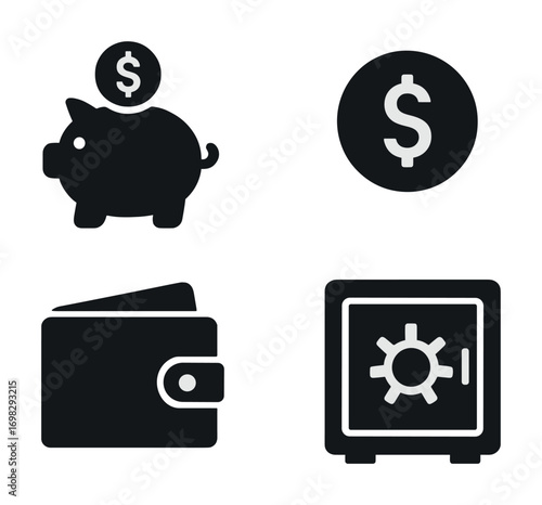 Savings and finance icons: piggy bank, dollar coin, wallet, safe