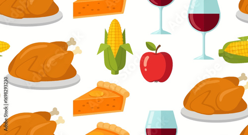A celebratory seamless background pattern featuring a traditional holiday feast with roasted turkey, pumpkin pie, corn, and red wine