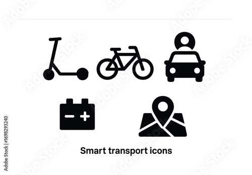 Smart transport icons set featuring scooter, bicycle, car, battery, map pin