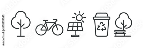Eco-friendly icon set: tree, bicycle, solar panel, recycling bin, park bench