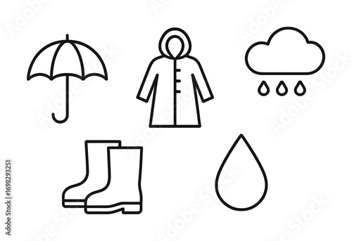 Rainy weather essentials: umbrella, raincoat, boots, cloud, and raindrop icons