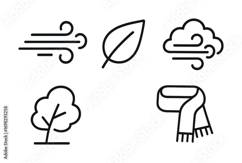 Minimalist line icons of wind, tree, leaf, cloud, and scarf