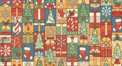 Vintage holiday collage background featuring a seamless mix of hand-drawn Christmas symbols including presents, stockings, and bells
