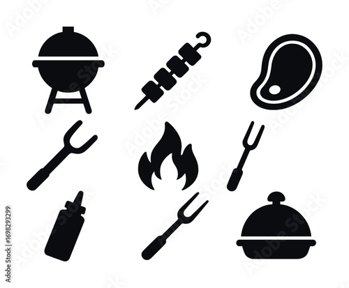 Barbecue icons: grill, skewer, steak, fire, sauce bottle, forks, cloche