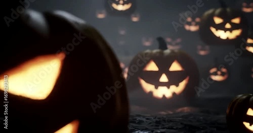 Spooky halloween pumpkins glowing in the dark with scary faces for october fun