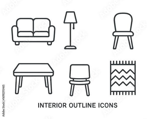 Simple interior outline icons: sofa, lamp, chair, table, rug in minimalist design