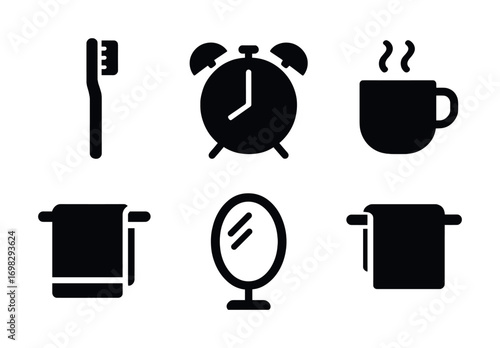 Morning routine icons: toothbrush, alarm clock, coffee, towel, mirror collection