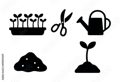 Gardening tools and seedling growth icon set