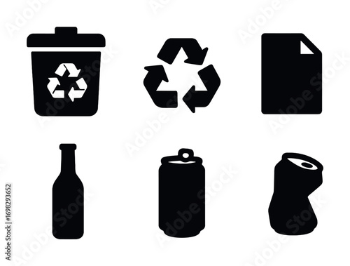 Recycling symbols and waste icons: trash bin, arrows, paper, bottle, cans