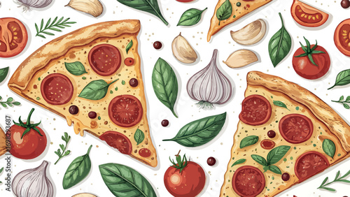 Watercolor Pizza Slices and Fresh Italian Ingredients Seamless Pattern