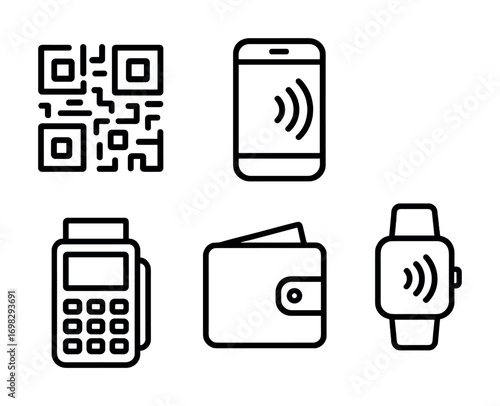 Contactless payment icons: qr code, smartphone, terminal, wallet, smartwatch
