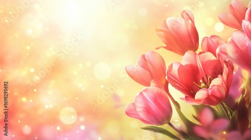Elegant pink tulips on a blurred golden background with sparkling bokeh effect