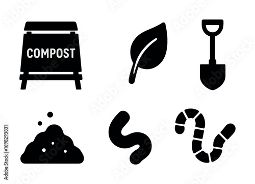 Compost bin shovel leaf soil worm gardening icons set