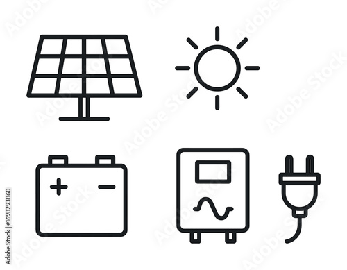 Solar energy icons: solar panel, sun, battery, inverter, plug